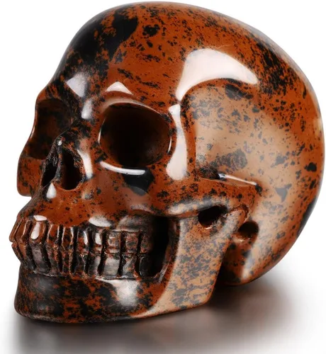 Miniatura 7 de Skullis Calavera de cristal de obsidiana de caoba de 3.0 pulgadas. Escultura de arte fino de piedra preciosa tallada a mano, estatua de piedra