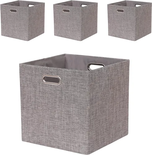 Miniatura 10 de Contenedores de almacenamiento de 13 x 13 x 13 pulgadas, caja plegable de lino con asas, cesta de organización plegable, juego de 4 cestas de gran
