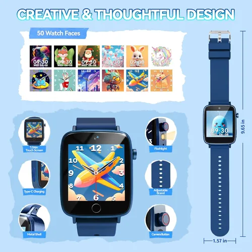 Miniatura 7 de NBKLS Reloj Inteligente para Niños Varones, Reloj para Niños con Pantalla Táctil de 1.54 Pulgadas, Reproductor de Música, Tarjeta de Aprendizaje, 10