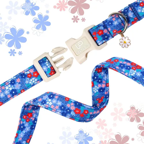 Miniatura 4 de Collar de perro floral azul, collar floral de algodón ajustable para primavera y verano con colgante de margarita, hebilla de liberación rápida