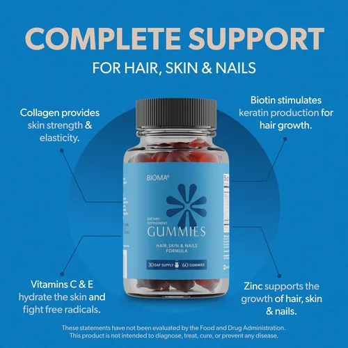 Miniatura 3 de BIOMA Gomitas de belleza para cabello, piel y uñas, apoya el crecimiento y la fuerza con biotina, colágeno, zinc y vitaminas C y D, sin gluten, 60