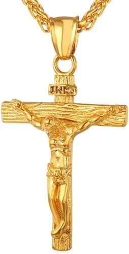 U7 Men Crucifix Cross Pendant with Chain Baptism Christian Jewelry Stainless Steel18K Gold Antique Jesus Necklace Gift PackedLength 22