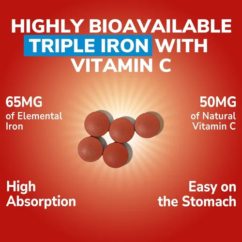 Miniatura 2 de Suplemento de hierro, 3 en 1 de 65 mg de complejo de hierro ferroso, sulfato, hierro carbonilo con vitamina C natural, píldoras de hierro amigables