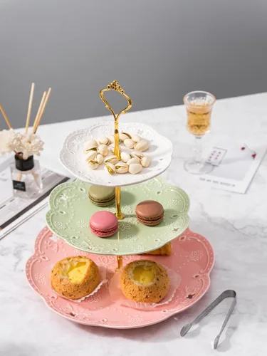 Miniatura 3 de Jusalpha 3-Tier porcelana china pastel soporte para postres, pasteles, fiesta de té, bandeja de servir, Dorado