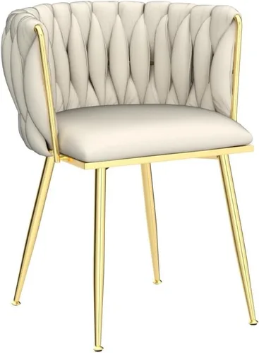Miniatura 6 de Juego de 2 sillas de comedor de terciopelo, modernas sillas de comedor tapizadas con patas de metal dorado y respaldo tejido para comedor, cocina