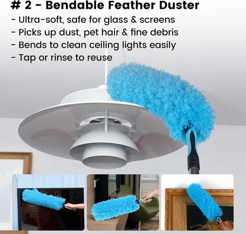 Miniatura 4 de Kit de plumero para ventilador de techo, plumero de plumas de telaraña 5 en 1 y cabezales de escobilla de goma - Microfibra lavable y flexible - Se