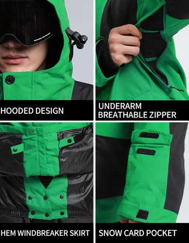 Miniatura 10 de GSOU SNOW Chaqueta de esquí para hombre, abrigo de nieve para snowboard, cálido, invierno, impermeable, con capucha