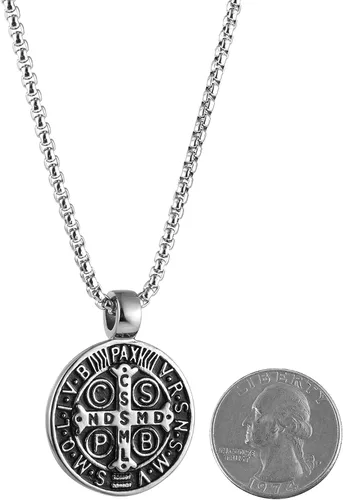 Miniatura 6 de AsAlways Collar con colgante de exorcismo de San Benito para hombre de acero inoxidable con cruz católica romana protección de demonios cazador