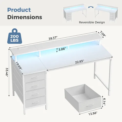 Miniatura 2 de DUMOS - Escritorio para computadora de 40 pulgadas con 4 cajones, escritorio para juegos con tomas de corriente y luces LED, estación de trabajo