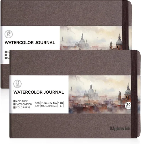 Miniatura 10 de Lightwish Diario de acuarela, paquete de 2 40 hojas, 100% algodón, papel de acuarela de prensa en frío, cuaderno de bocetos de 4.96 x 3.62 pulgadas