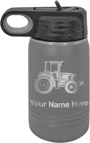 Miniatura 72 de LaserGram Botella de agua personalizada, tractor agrícola, acero inoxidable de doble pared aislada al vacío con popote superior, regalo grabado