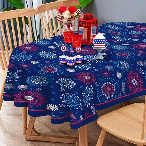 Miniatura 9 de Mantel floral impermeable, mantel de campo francés ovalado azul y amarillo, 54 x 72 pulgadas, resistente a las arrugas y lavable, perfecto