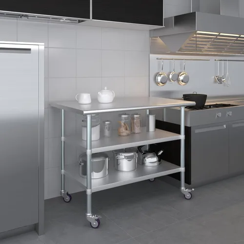 Miniatura 9 de AmGood Mesa de trabajo de acero inoxidable con 2 estantes y ruedas Mesa de trabajo de metal con ruedas