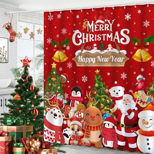Miniatura 2 de JWXCBIM - Cortina de ducha de Navidad Feliz Navidad y Feliz Año Nuevo, decoración para el hogar de Papá Noel y muñeco de nieve, cortina de baño