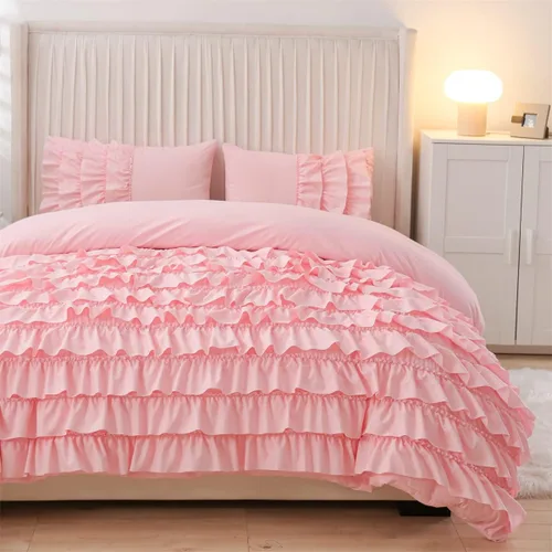 Miniatura 13 de Holawakaka Juego de edredón con volantes en cascada de color azul claro, juego de ropa de cama con volantes estilo shabby chic para niñas, mujeres