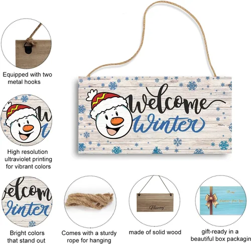 Miniatura 3 de Letrero de bienvenida de invierno, decoración rústica de madera para pared y puerta, muñeco de nieve impreso y copos de nieve, 11.9 x 6 pulgadas