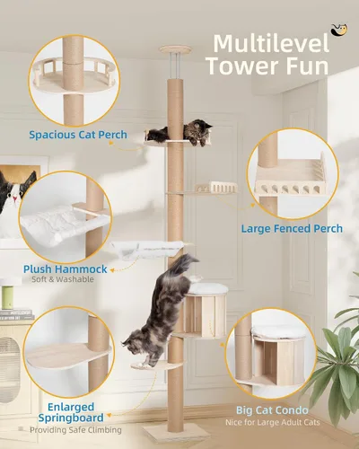 Miniatura 2 de Aechonow Árbol alto de piso a techo para gatos grandes, torre para gatos con poste rascador, altura ajustable (82-122 pulgadas), cama cueva grande