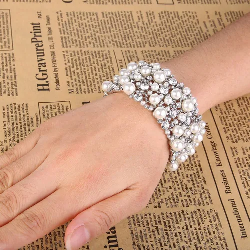 Miniatura 2 de EVER FAITH - Pulsera elástica para mujer con perlas de imitación de cristal, para novia, boda