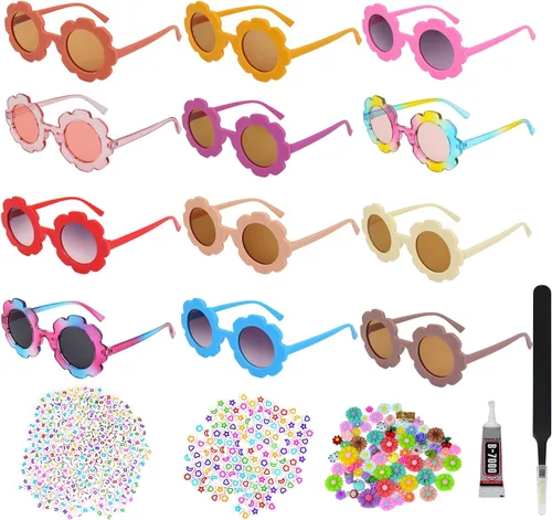 Tialero 6Pcs12Pcs Round Flower Sunglasses, Outdoor Kids Sunglasses +380 Beads, 60 Daisy Flower Charms