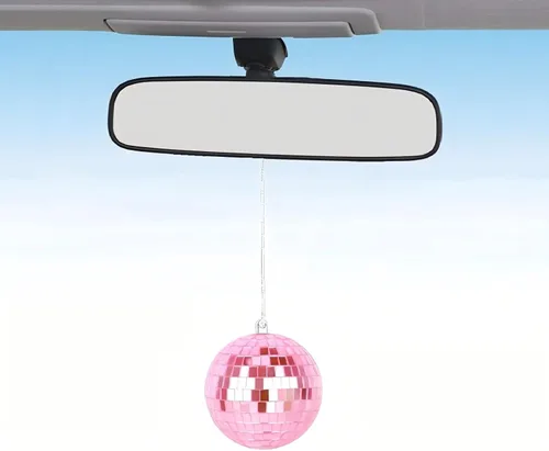 Bola de discoteca rosa, accesorio de coche de bola de discoteca, colgante de espejo retrovisor (rosa)