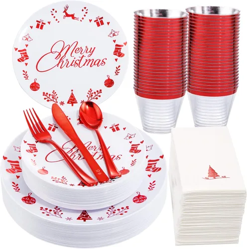 Liacere 175 piezas de platos desechables de plástico navideños rojos y blancos - Incluye 25 platos de postre, 25 platos para cena, 25 cuchillos, 25