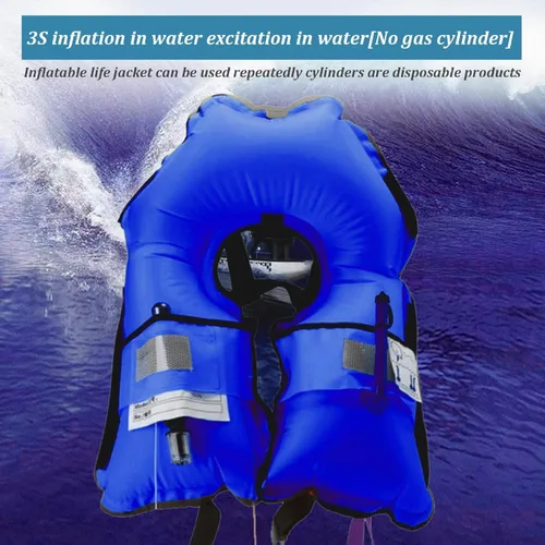 Miniatura 5 de Paquete de 3 chalecos salvavidas inflables automáticos 150N – Chaleco de natación de nailon ajustable con inflado de CO2, tiras reflectantes y Azul