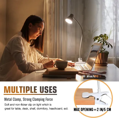 Miniatura 8 de Lámpara de lectura con clip de CeSunlight, lámpara de abrazadera para escritorio, 3000 – 6500K, temperatura de color ajustable, 6 modos
