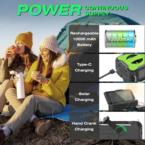 Miniatura 6 de NITIGO Radio meteorológica de emergencia de 37000 mWh, radio solar con manivela Hank con carga USB con NOAA/AM/FM, linterna, luz de lectura, alarma