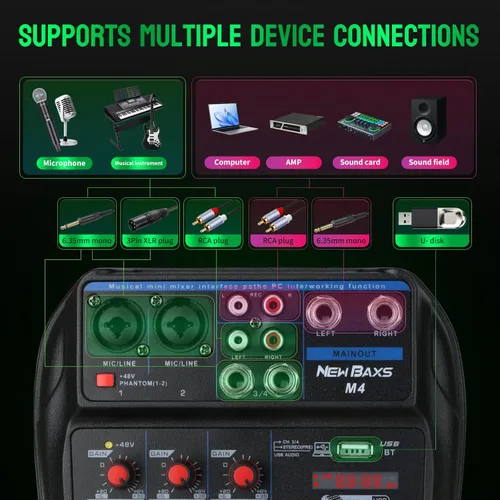 Miniatura 4 de Mezclador de audio para DJ, mezcladores de DJ, tablero de sonido de 4 canales con Bluetooth, NEW BAXS Sound Mixer Board XLR/1/4 pulgadas, entrada