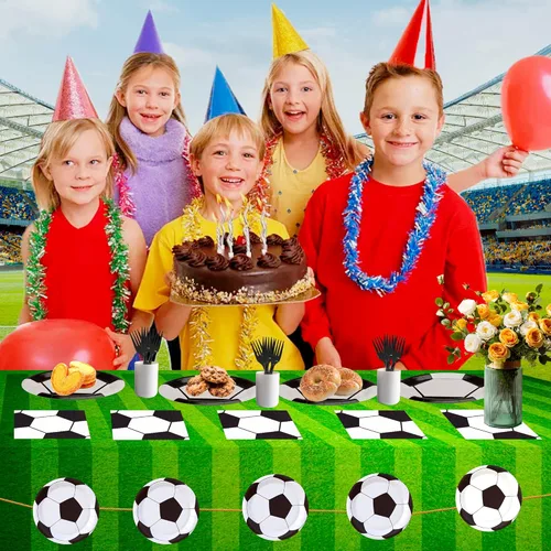 Miniatura 7 de Paquete de 120 piezas de suministros de fiesta de fútbol, platos de papel, servilletas, tenedores, decoración de cumpleaños para niños para 30
