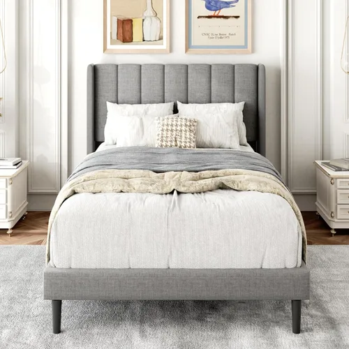 Gruwans Estructuras de Cama Individual con Cabecera Wingback, Camas de Plataforma Tapizadas, No Necesita Somier, Soporte Resistente de Listones de