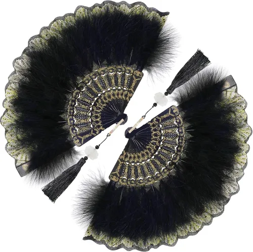 Namalu - Abanico de plumas bordado, 2 piezas, diseño de marabú de los años 20, plegable, drag queen para mujeres de los años 20, disfraz de fiesta