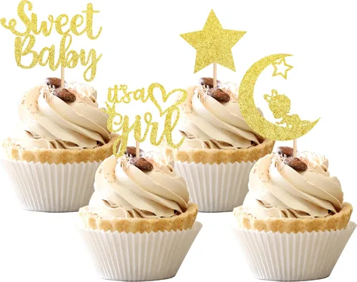 Miniatura 8 de 36 piezas de decoración para cupcakes con diseño de luna con purpurina de luna y estrella para revelación de género de bebé, baby shower, fiestas