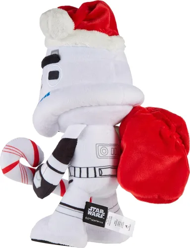 Miniatura 5 de Mattel Muñeco y adorno de Star Wars Stormtrooper, juguete suave de 10 pulgadas con gorra de Santa, bastón de caramelo y saco que almacena