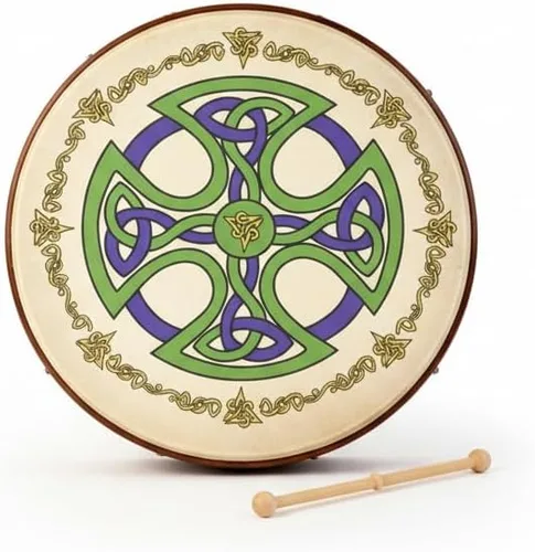 Waltons Bodhrán 18 pulgadas (Brosna Cross) - Instrumento irlandés hecho a mano - Tono nítido y musical - Batidor de madera dura incluido con compra