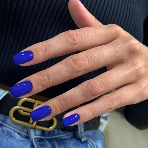 Miniatura 2 de KQueenest Uñas Postizas de Presión Azul Real Cortas Medianas Cuadradas con Pegamento, Juego de Uñas Falsas Sólidas Oscuras Cortas Ataúd Acrílicas