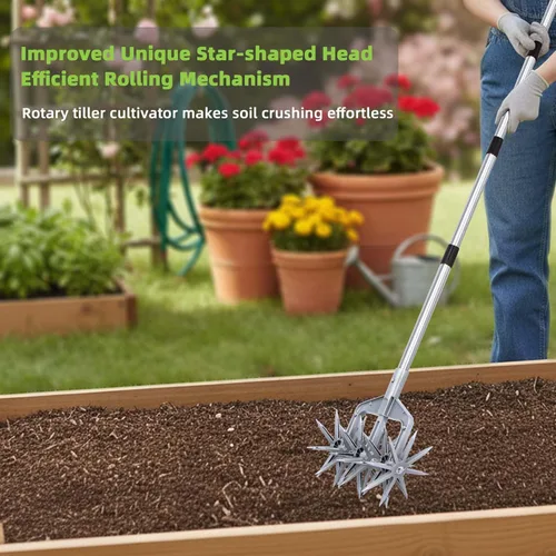 Miniatura 2 de Cultivador giratorio, herramienta de jardín ajustable con púas de metal sólido desmontables para aflojar y mezclar tierra, cultivador de jardín