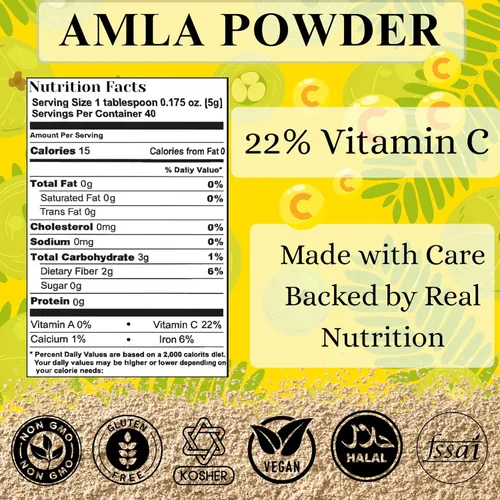 Miniatura 2 de BASIC AYURVEDA Amla Powder 7.05 oz (200g) Grosella espinosa india 100% cruda y natural (Amalaki) para cabello, piel e inmunidad Sin aditivos