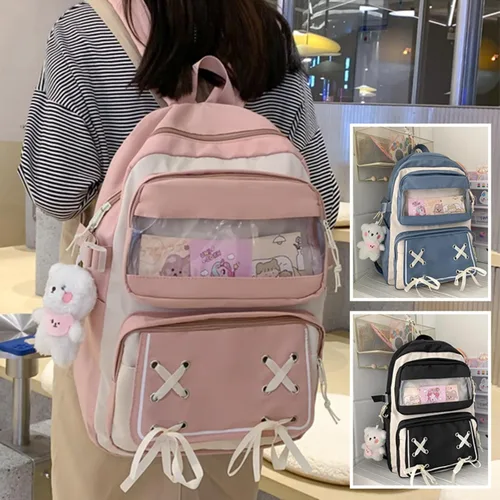 Miniatura 2 de Mochila Kawaii con bonitos accesorios para portátil de 15.6 pulgadas, mochila de viaje casual, bolsa estética para regalo de nuevo semestre, 01-rosa