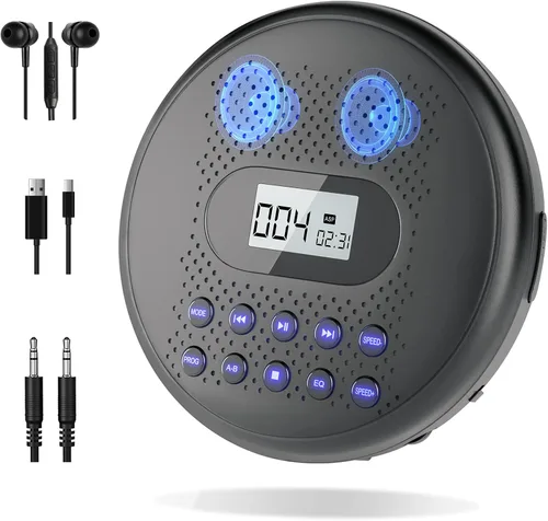 ARAFUNA Reproductor de CD portátil con altavoces estéreo duales, reproductor de CD recargable para automóvil con protección antisaltos, auriculares