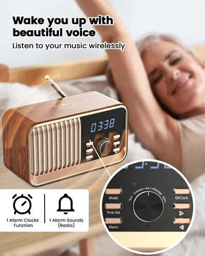 Miniatura 4 de MONODEAL Radio despertador con carga inalámbrica rápida, compatible con Bluetooth 5.3/radio FM/puerto USB/tarjeta TF/entrada auxiliar, altavoz