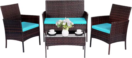 Miniatura 12 de Juego de muebles de patio de 4 piezas, muebles de ratán para exteriores con mesa de centro de vidrio templado, sillas modernas de ratán para patio