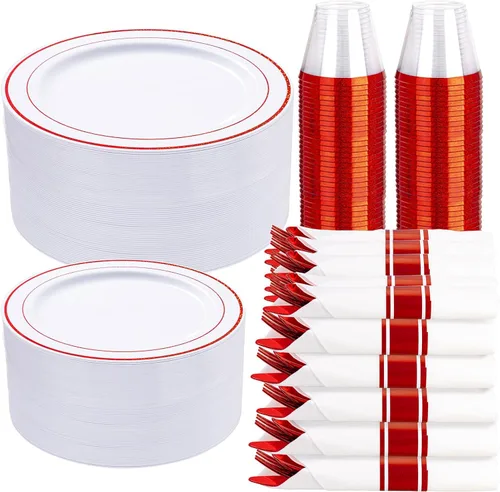Miniatura 19 de WELLIFE 350 platos de plástico dorado transparente, 100 platos desechables, 150 cubiertos de plástico, 50 tazas, 50 servilletas para bodas y fiestas