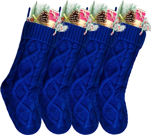 Medias Navideñas a Granel, Medias Navideñas de Punto Trenzado Azul de 18 Pulgadas para Decoración de Fiestas de Navidad, Paquete de 4