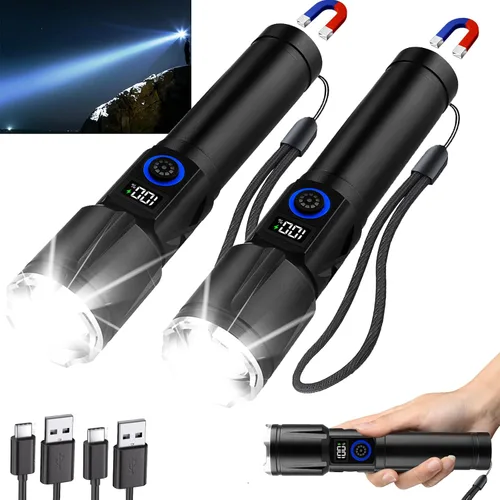 Linternas magnéticas recargables de alto lúmenes, 2 paquetes, 990,000 L de lúmenes altos, luz LED táctica súper brillante de mano con 5 modos, USB