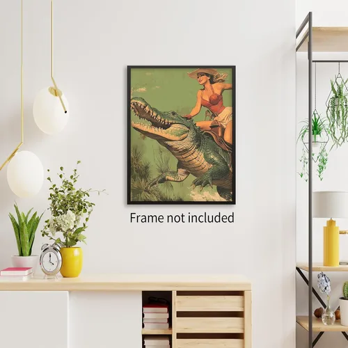 Miniatura 6 de Haitunone Arte de Pared Vintage Sudoeste Occidental Arte de Pared Único Divertido Pósters de Animales Vaquera Montando Arte de Aligátor en Lienzo