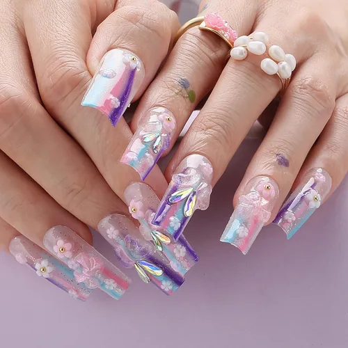 Miniatura 17 de Uñas postizas largas a presión, cuadradas, francesas, nude, rosa, lazo de lujo y diamantes de imitación de flores 3D, 24 unidades, uñas brillantes
