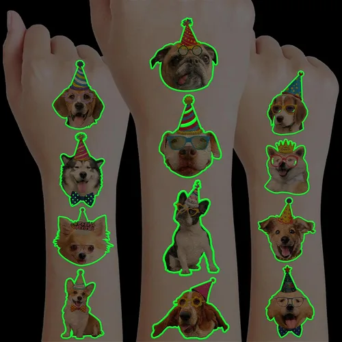 96 tatuajes temporales para perros y mascotas para niños, resplandor luminoso en la oscuridad, calcomanías de tatuajes falsos de animales