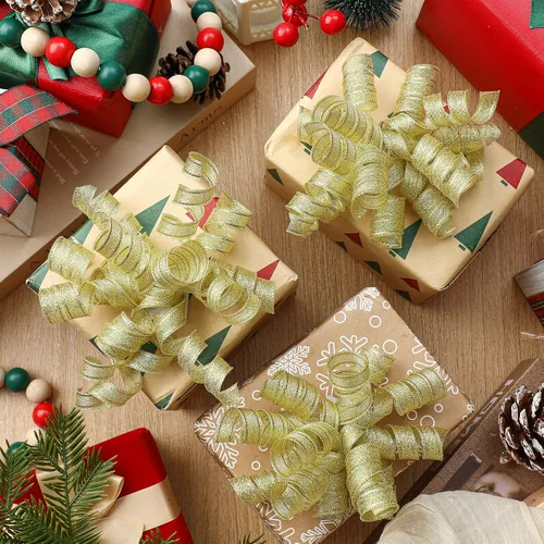 Miniatura 2 de Xinnun 24 lazos para envoltura de regalos, lazo rizado de Navidad de 6 pulgadas, lazos de regalo autoadhesivos con purpurina para manualidades