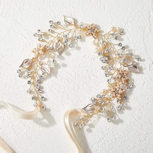 Miniatura 4 de SWEETV - Diadema de niña de flores para boda, pieza de pelo de perlas florales para bebé, diadema dorada para fiesta de cumpleaños, fotografía Dorado